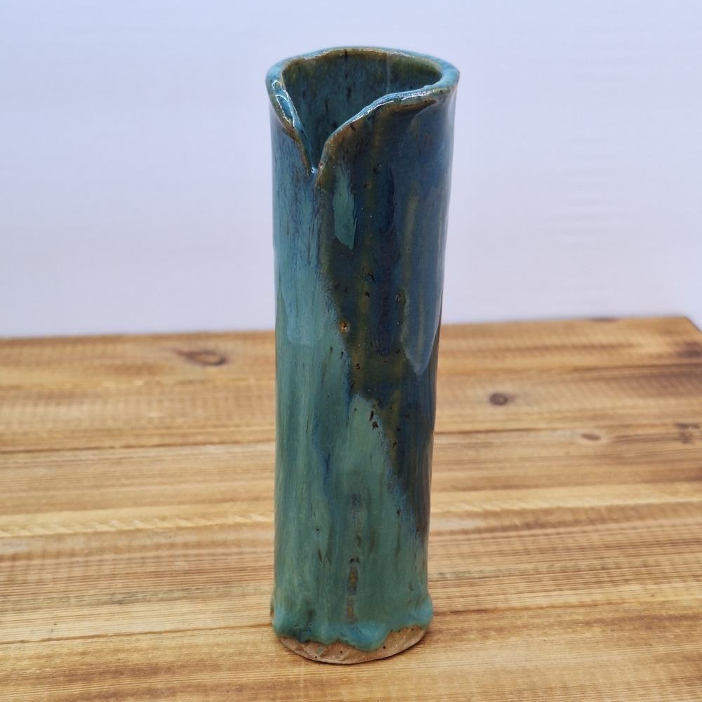 Signed Studio Art Pottery Vase Blue Green Drip Glaze‎ Sculptural Bud Vase